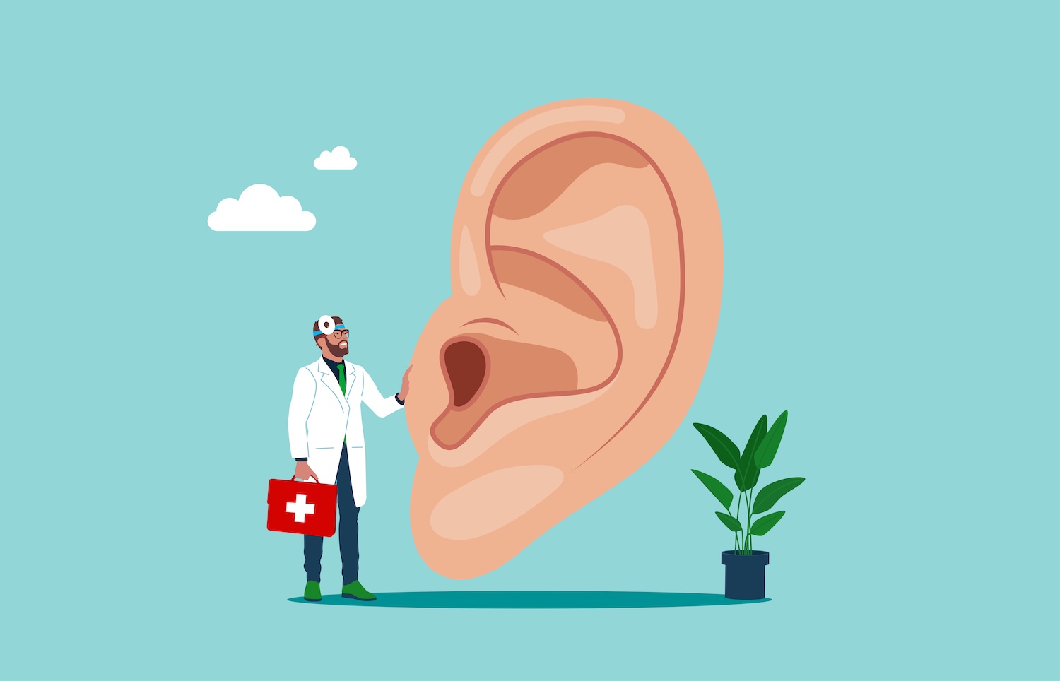 Illustration d'une oreille interne géante et d'un physiothérapeute vestibulaire — perte d'équilibre vestibulaire et instabilité