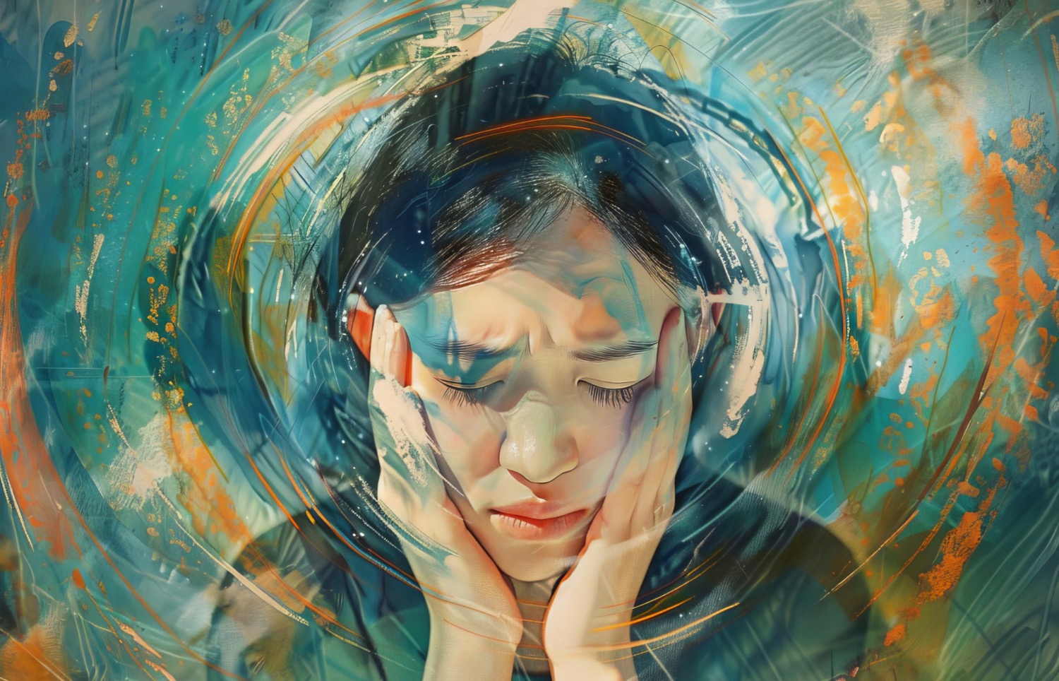 Femme se tenant la tête dans un tourbillon coloré évoquant la migraine vestibulaire