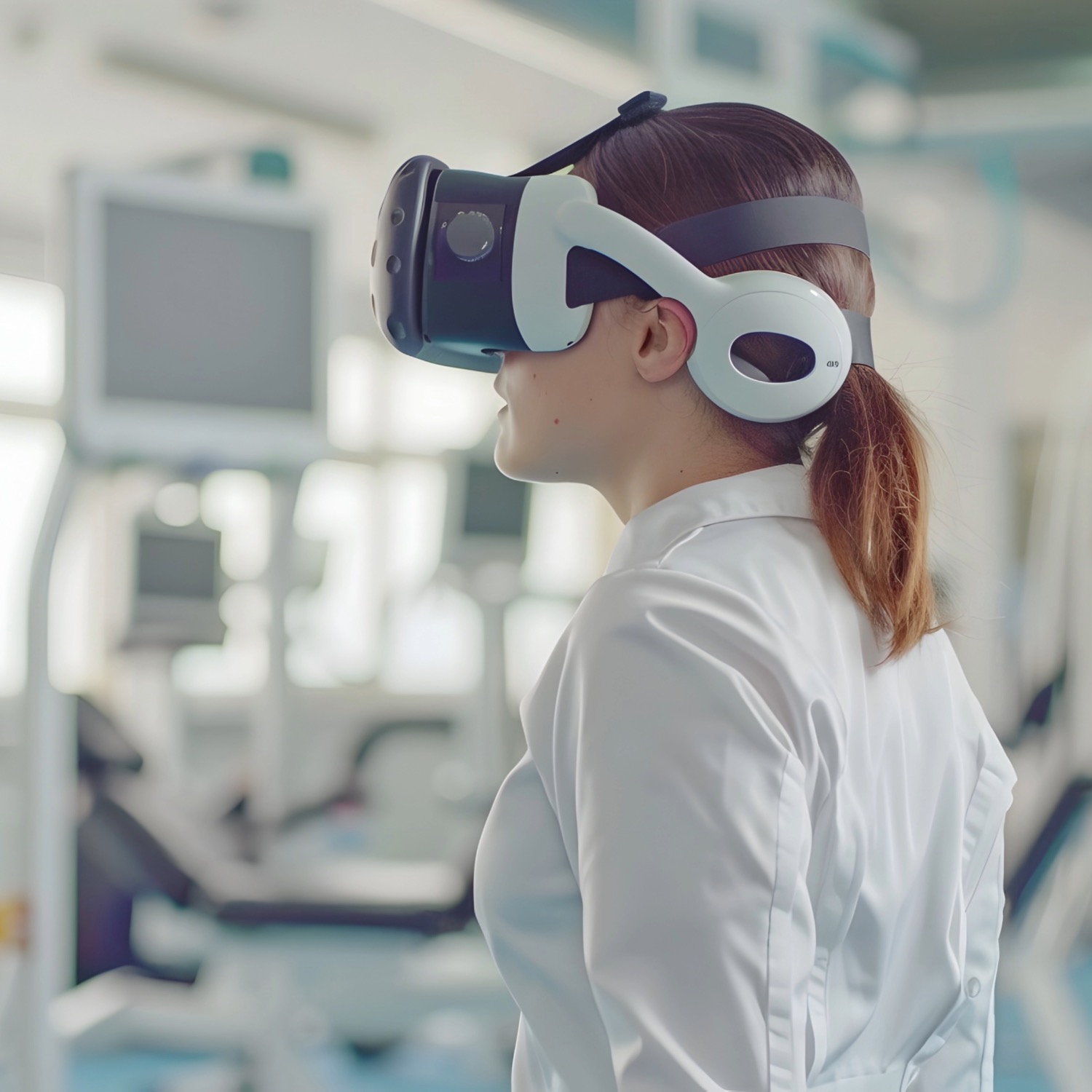 Patiente portant un casque de réalité virtuelle pour la rééducation vestibulaire